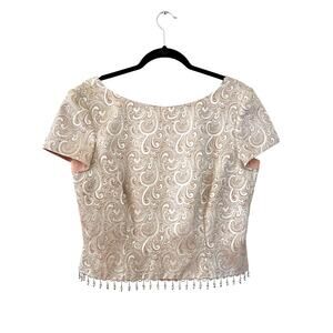 VTG Cachet Embossed Metallic Champagne Beaded Cropped Back Zip Dressy Top SZ 12